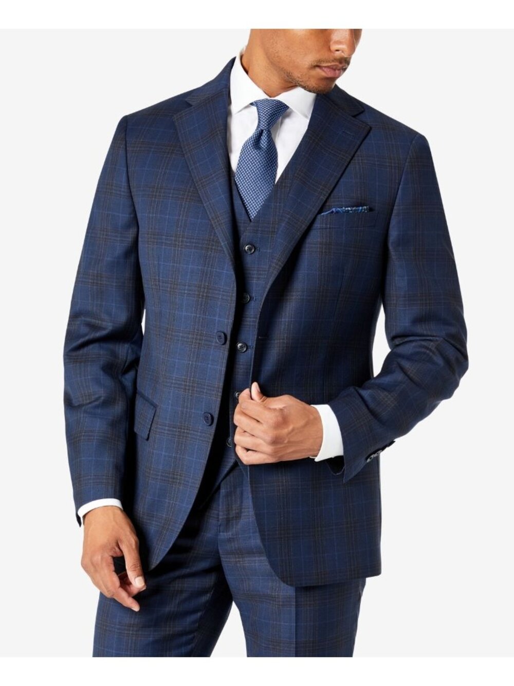 Tallia Mens Slim-Fit Plaid Two Button Suit Jacket Navy Blue Size 38R NWT